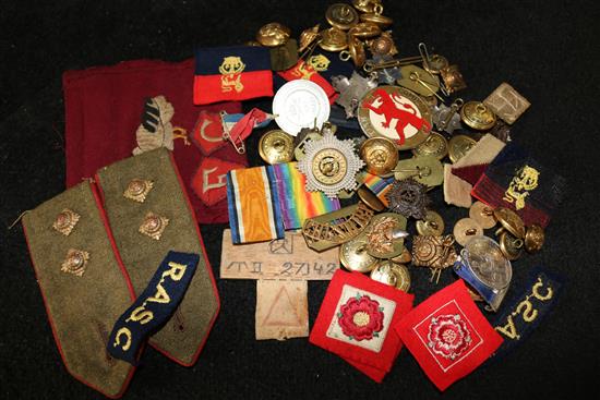 WWI medal group and miniatures to Lt. A W Hughes, a Japanese POW ID tag, Cheshire Regimental buttons, ephemera etc